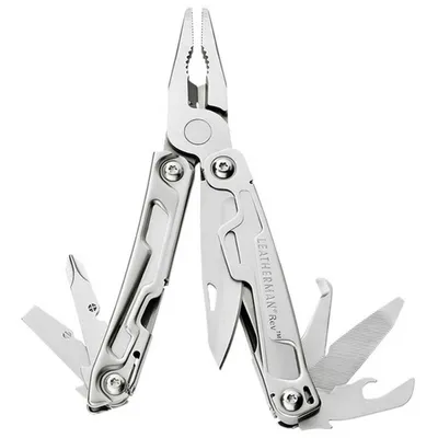 Zdjęcie produktu dla Leatherman Rev - Wielofunkcyjne narzędzie kieszonkowe, 14 narzędzi, składany nóż do użytku podczas biwakowania i majsterkowania, stal nierdzewna, zawiera szczypce, nóż i śrubokręty, wyprodukowane w USA, z nylonową pochwą