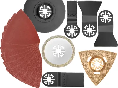Produktbild von com-four® 17-teiliges Zubehör Set mit Segmentsägeblatt, Tauchsägeblatt, Schaber, Schleif-Decken mit Kletthaftung für Holz und Metall - Für die gängigsten Multi-Tools