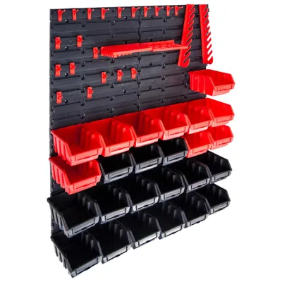 Produktbild von 29-tlg. Sichtlagerkasten-Set mit Wandhalterung Rot und Schwarz