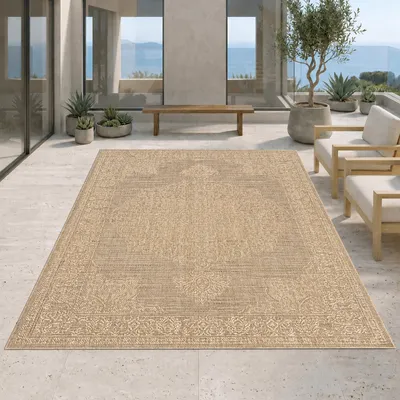 Imagen del producto de Alfombra beige con estampado vintage, apta para interiores y exteriores. Tamaño: 140 x 200 cm