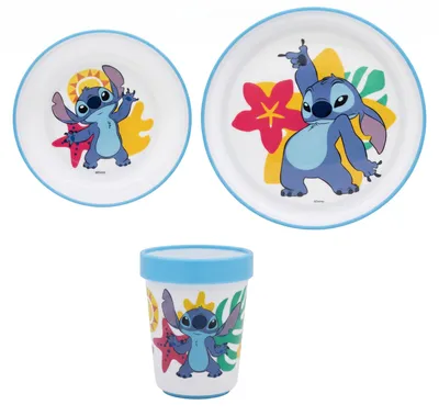 Produktbild von Disney Stitch Kinder Geschirr-Set 3 teilig Becher Teller Schüssel antirutsch