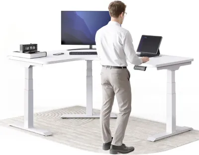 Produktbild von DESKSPACE CORNER Schreibtisch, Elektrisch höhenverstellbar, 160 x 130 x 70 cm, Weiße Tischplatte, Weißes Gestell