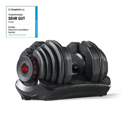 Bowflex SelectTech 1090i Kurzhantel neben dem Vergleich.org-Siegel (Sehr gut) auf weißem Hintergrund