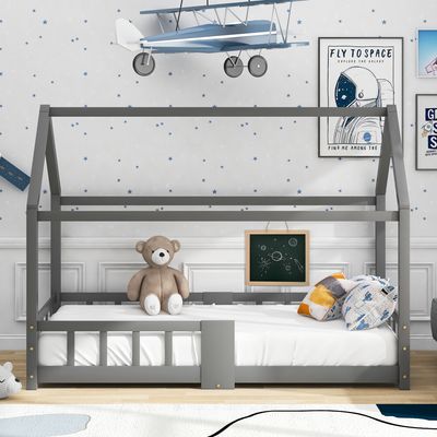 Flieks dětská postel 90x200cm domácí postel s ochranou proti vypadnutí a deskou, moderní postel na hraní podlahová postel z borovicového dřeva postel do dětského pokoje, šedá