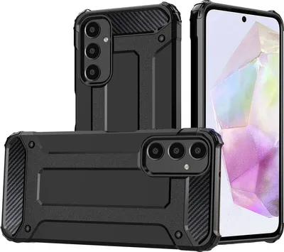 Three black phone cases are displayed against a white background. One case is shown from the back with its camera array visible, another is shown from the front with its screen visible, and the third is shown from the back at an angle.