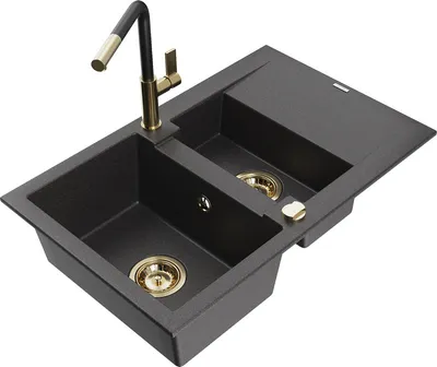 Produktbild von Mexen Gaspar 1,5-Becken-Granitspüle mit Abtropffläche und Mischbatterie Flora, Schwarz gesprenkelt - 6507-76-670401-57-G