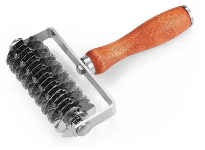 A pastry wheel cutter with a wooden handle, shown against a white background.
