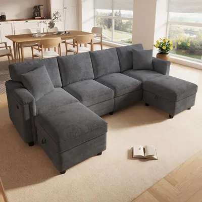 Produktbild von Flieks Sofaset mit Stauraumhockern, Sofa mit Zierkissen, umwandelbar in L- und U-Form, 261×134×82 cm, Grau, Chenille