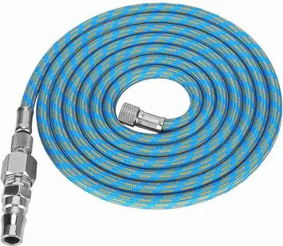 Image de Tuyau spiralé en plastique avec raccord rapide et protection anti-pliure, 5 mètres, bleu