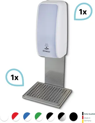 Produktbild von SET: Desinfektionsspender SENSOR, berührungslos Blanc Cosmos versch. Farben+Edelstahlhalterung mit Auffangschale : Farbe - Weiß Farbe: Weiß