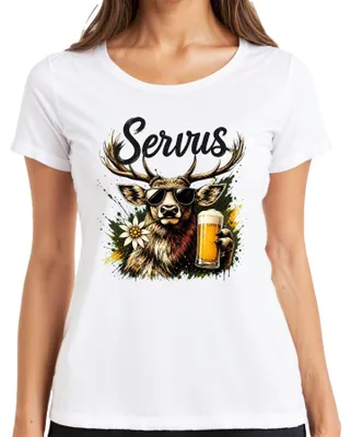 Obrázek produktu pro Servus Hirsch, bavorské pivo, sluneční brýle, edelweiss, kožené kalhoty, tradiční dámské šaty, dámské tričko, bílá barva, velikost L