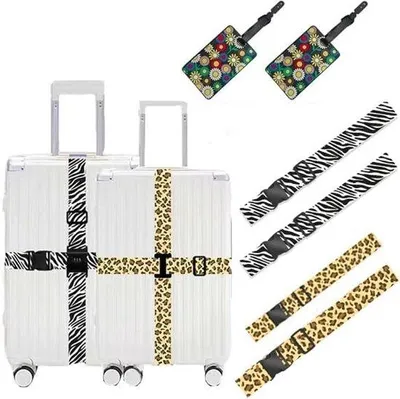 Produktbild von Famanu Kofferriemen Set 4-teilig - mit 2 Bagagelabels - verstellbare Nylon Kofferbänder - schwarz - robust und sicher