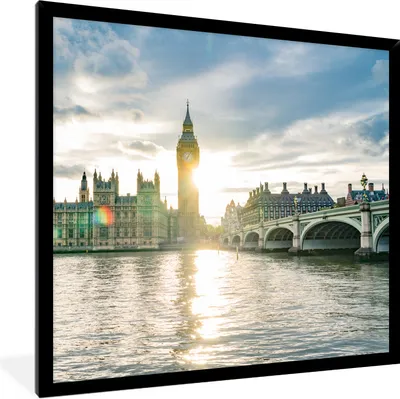 Produktbild von MuchoWow® Gerahmtes Poster Sonnenuntergang hinter Big Ben in England 40x40 cm - Poster mit Schwarzem Bilderrahmen Wandposter Rahmen Foto Bilder - Mit Rahmen - Wanddekoration Schlafzimmer