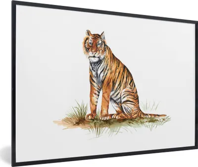 Produktbild von MuchoWow® MuchoWow® Gerahmtes Poster Tiger - Gras - Orange 90x60 cm - Poster mit zchwarzem Bilderrahmen - Fotorahmen - Foto-Plakat