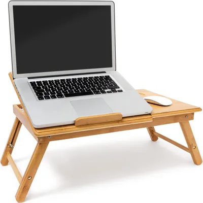Produktbild von Relaxdays Notebook-Betttablett Bambus, braun, 72.5x56x30.5 cm – Stufenlos höhenverstellbar (22-30.5 cm), neigbar, mit Belüftungslöchern, klappbaren Beinen, Maus-/Getränkeablage & kleiner Schublade – Laptopständer, Frühstückstablett, Buch-/Tabletstütze, Schreibtischaufsatz