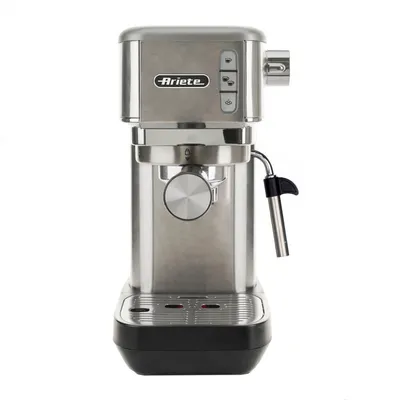 A front view of a silver and black espresso machine against a white background.