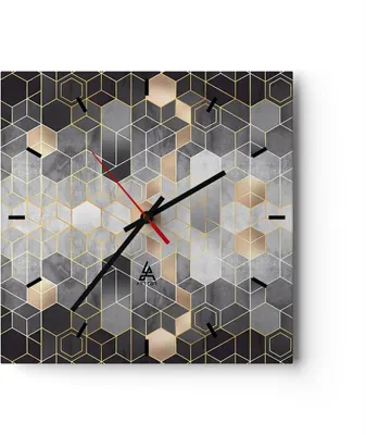 Produktbild von Wanduhr - Quadrat - Glasuhr - Geometrisch Abstraktion Sechsecke - 30x30cm - Schleichendes Uhrwerk - Lautlos - zum Aufhängen bereit - Dekoration Modern - Wanddekoration aus Glas - C3AC30x30-4776