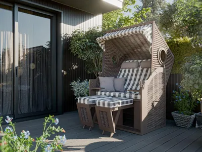 Produktbild von deVries Strandkorb PURE Wave XL Grau Design 435, PE Geflecht Pinie Holz, Strandkorb mit Klapptisch, verstellbarer Rückenlehne, Fußstütze, Markise, Nackenrolle, Kissen, Laufrollen montierbar