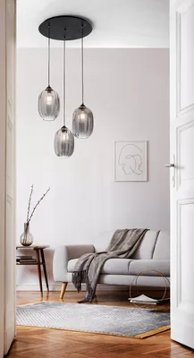 Produktbild von Hängeleuchte Metall Glas E27 B: 58 cm H: max. 200 cm Schwarz Rauchglas 3-flammig Modern Hängelampe