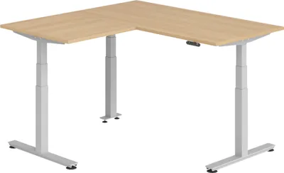 Produktbild von bümö Eckschreibtisch elektrisch höhenverstellbar L-Form - Gestell: Silber, Nachbildung: Eiche, Größe: Eckschreibtisch 160 x 160 cm