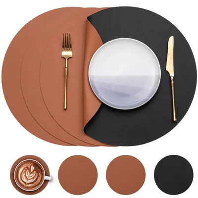Produktbild von Set von 4 runden Platzdeckchen aus waschbarem Kunstleder - 38 cm, inklusive Untersetzer