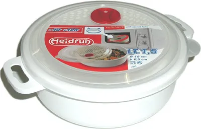 A white HEIDRUN microwave casserole dish with a transparent lid and a red valve is shown against a white background.