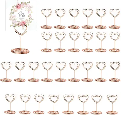 Imagen del producto de Soportes para tarjetas de mesa con forma de corazón, 30 unidades, metal, color rosa, para eventos