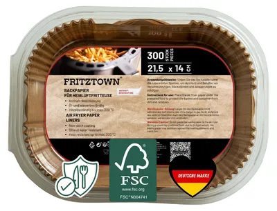 Produktbild von FRITZTOWN® Air Fryer Papier – 300 Stück, 21,5x14 cm Rechteckig| Antihaft Backpapier für Heißluftfritteusen | Kompatibel mit Ninja AF300EU AF400EU SL400EU AF500EU, Andere Heißluftfritteuse