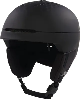 A black ski helmet on a white background.