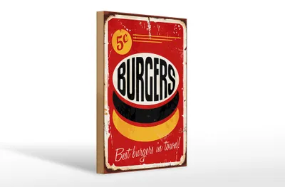 Produktbild von Holzschild Retro 20x30cm burgers best in town Fast food