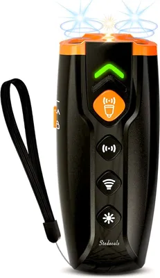 A black and orange ultrasonic dog trainer device with a wrist strap, shown against a white background.