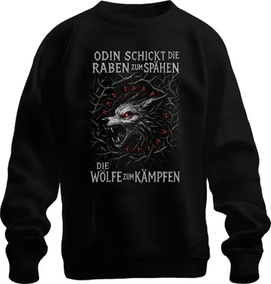 Produktbild von Odin schickt Raben Wölfe Kämpfen Fenrir Wikinger Nordisch Runen Uni Sweatshirt Pullover, Schwarz, XXL