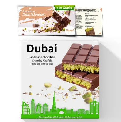 Productafbeelding van Set Dubai chocolade met 1 chocoladetafel van 100 gram + 1 recept voor het bakken - Proeven - Zelf bakken - Cadeaus voor kerstmis, voor mannen en vrouwen