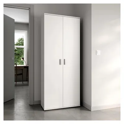 Produktbild von Haushaltsschrank 75 cm breit mit Staubsaugerfach, Putzschrank mit Einlegeböden für Reinigungsmittel, Besen und Wischer, für Hauswirtschaft, Flur und Keller, 75x35x184 cm (BxTxH), Weiß