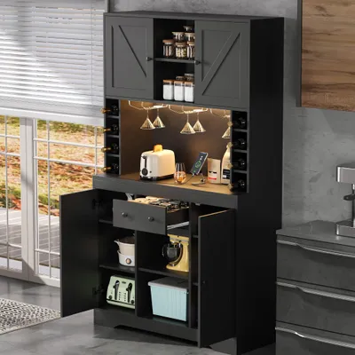 Immagine prodotto di Armadio da cucina Fliek con ripiani regolabili, cassetto, illuminazione a LED e prese elettriche, armadio alto 105x40x180 cm, cantinetta, nero