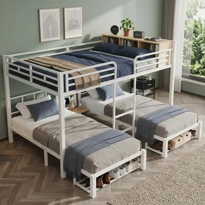 Produktbild von STILVORA Etagenbett 140x200/90x200 cm mit 3 Schlafplätzen, Metallbett mit Leiter und offenem Regal, Stockbett mit Schuhablage für Gästezimmer und Jugendzimmer, KI-generiertes Bild