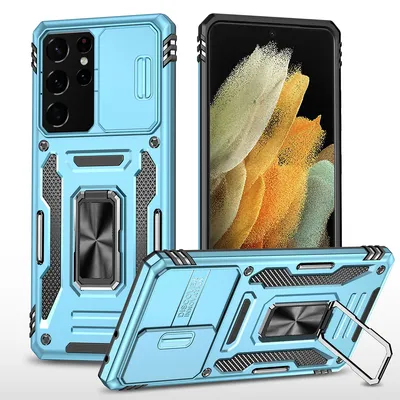 Immagine prodotto di Custodia per Samsung Galaxy S23 Ultra a doppio strato antiurto con protezione fotocamera scorrevole, supporto ad anello blu