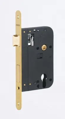 Image de Boitier de serrure encastrable à cylindre pour porte d'entrée, axe 70mm, bouts ronds, laiton brossé - THIRARD