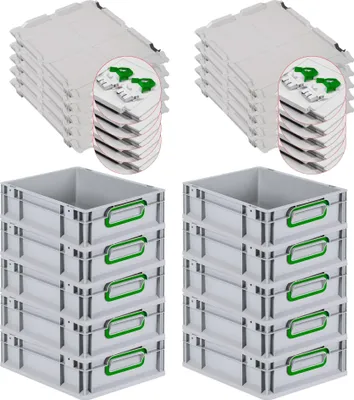 Produktbild von SuperSparSet 10x Eurobox NextGen Color mit Scharnierdeckel und Schiebeschnappverschlüssen | HxBxT 12x30x40cm | 11 Liter | Grau | Griffe grün geschlossen | Glatter Boden | Eurobehälter, Transportbox, Transportbehälter, Stapelbehälter