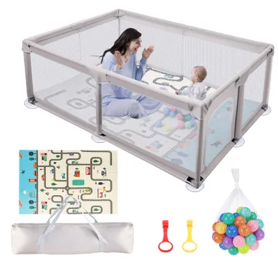 Produktbild von Laufstall Baby 120x180cm, Laufgitter Baby mit Matratze, Playpen aus 300D Oxford Gewebe, mit Atmungsaktivem Netz, 50 Bälle Bunt, Tragetasche, Grau