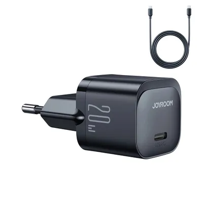 A black USB-C PD 20W charger and a black USB-C cable are shown against a white background.