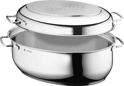 A shiny, metallic oval-shaped pot with a lid resting on top, shown from a slightly elevated angle against a white background.