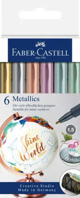 Produktbild von Faber-Castell 160706 - Metallics Marker mit Faserspitze, 1,5 mm Strichstärke, für viele Oberflächen geeignet, mit Metalliceffekt in gold, silber, bronze, lila, blau und grün, 6er Set