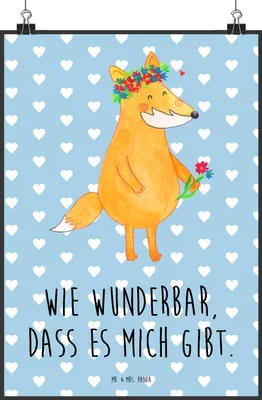 Produktbild von Mr. & Mrs. Panda Bild Fuchs Blumen DIN A2 - Blau Pastell - Geschenk, Boho, Selbstliebe, Freundin, grafikposter, Mich, wanddeko, Wandbild, Wanddekoration, Selbstbewusst
