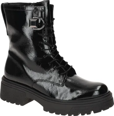 A black patent leather biker boot with laces and a silver buckle.
