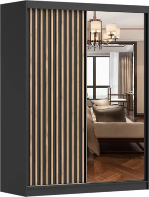 Produktbild von Kleiderschrank mit Lamellen und Spiegel Schwebetürenschrank 2-türig Schrank mit Einlegeböden und Kleiderstange Schiebtüren Schlafzimmer Wohnzimmerschrank 150x200x61 cm - LABI C1 (Schwarz, 150)