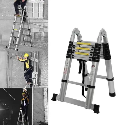 Imagen del producto de Escalera telescópica plegable de aluminio, de 2,5 m + 2,5 m, con superficie antideslizante, ideal para acceder a áticos, portátil y extensible, para uso en interiores y exteriores, con capacidad de carga de 150 kg