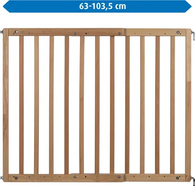 A wooden baby gate is shown against a white background.