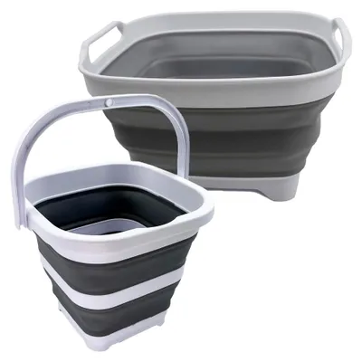 Produktbild von Zusammenklappbares Abtropfgestell Mit Eimer - Platzsparend, Camping- Und Picknick-Set, Für Innen Und Außen, Faltbare Aufbewahrung (Weiß/Grau, 2er-Set)