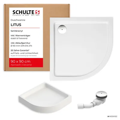 Produktbild von Schulte Duschwanne Litus, 90x90 cm, Viertelkreis, Komplettset inkl. Wannenträger und Ablauf, Acryl, Radius 55 cm